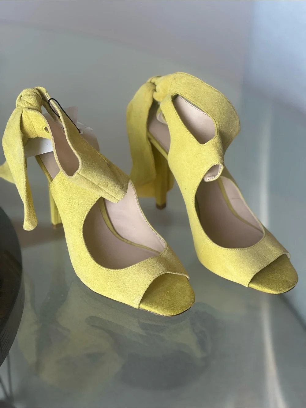 Zara Yellow Suede Tie-Ankle Open-Toe Heels